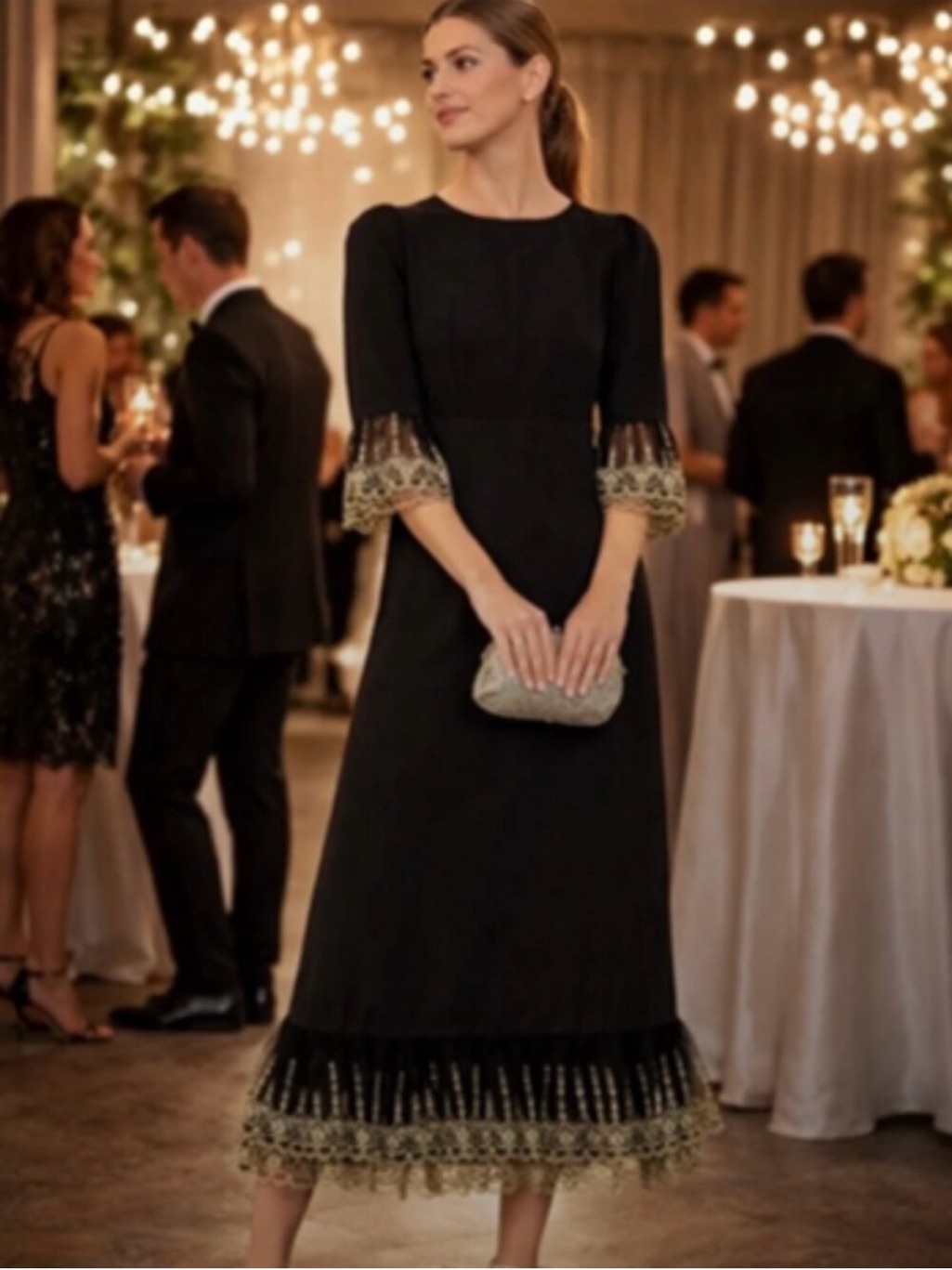 Nwt Pomander Place Lilith Black Gold Lace Dress